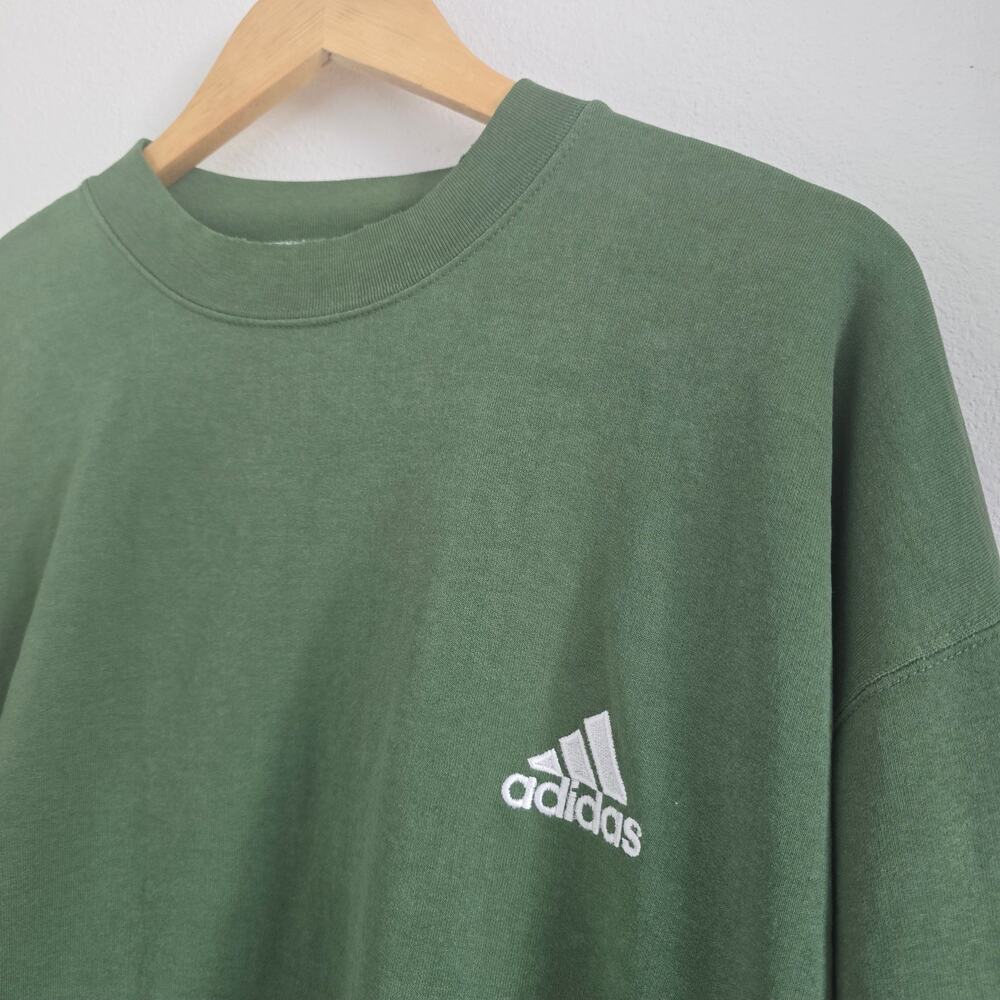 Vintage Adidas 90s Pullover Sweatshirt Green L Distressed Trefoil Embroidered - Picture 2 of 8